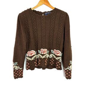 Laura Ashley Brown Floral-Trim Knit Sweater - Brown